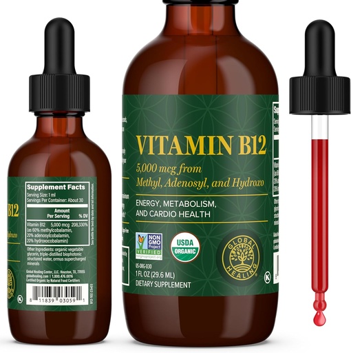 [BRSWYYY5B4IBA2YU] Global Healing Center - Vitamin B12 Sublingual 5000 MCG Organic Liquid Supplement, Metilcobalamin, Adenosylcobalamin, Hidroxo Uzun Sonlu Enerji və Sağlam Metabolizm - Vegan B12 Vitaminlər (1 Oz)