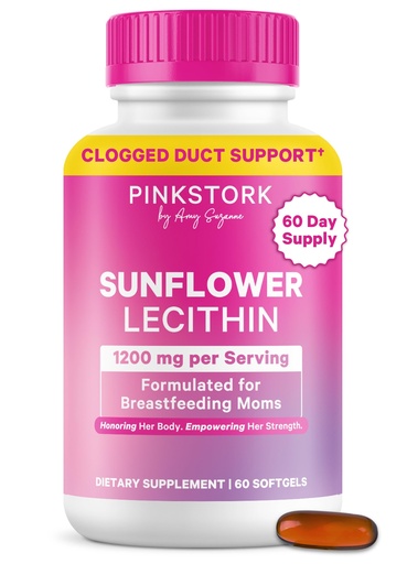 [BRSRAFT6CMBRE2TZ] Pink Stork Sunflower Lecithin Supplement - 1200 mg for Clogged Milk Ducts - Breastfeeding Essentials for Postpartum Moms - Supports Breast Milk Flow - 60 Softgels