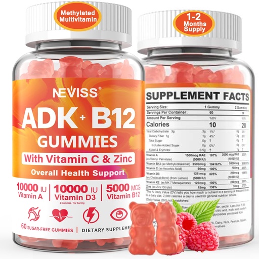 [BRSROBA7OAMAO2DA] Methylated Multivitamin Women Men, Vitamin D3 K2 5000IU / 10,000IU, B12 5000 mcg 2500mcg, K2 (MK-7) 240mcg- ADK+Methyl Vitamin B12, Vegan D3,Vitamin A,C,Zinc Eye,Bone,Energy,Immune, Sugar-Free Gummies