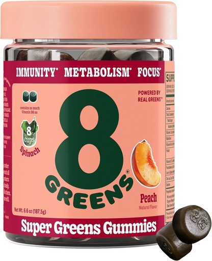 [BRSRMYY7AV7RS3Q6] 8Greens Supergreens Gummies | Super Greens Pulber Superfood Gummy Metabolism, immuunsus ja fookus, Seedetrakti tervise ensüümid, Orgaaniline: Chlorella, Spirulina, Aloe Vera, Peach Flavor, 50 Count