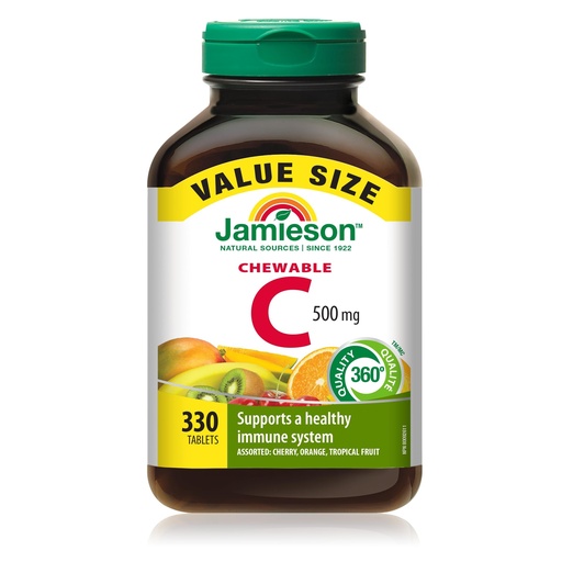 [BRSWKHAKCYFQK23G] Jamieson Chewable Vitamin-C 500mg Value Supplement Pack(330 Count), Mixed 3 Flavors