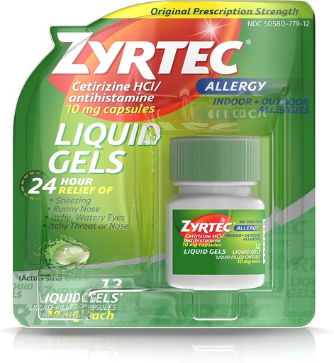 [BRSWGYI2DF5Q23TX] Zyrtec 24 timers indendørs og udendørs allergier Flydende geler, Antihistamin Kapsler med Cetirizin Hydrochlorid til All- Day Allergy Relief, 12 ct (pakning med 2)