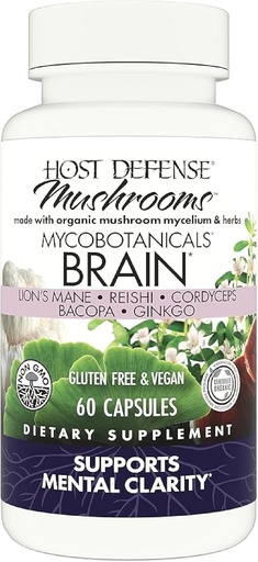 [BRSWIBIPBN5BK3T4] Host Defense MycoBotanicals Brain* Cápsulas - Suplemento de suporte cerebral com Mane de Leão, Reishi & Cordyceps Mushroom - Suplemento de ervas para suporte de memória e foco - 60 Cápsulas (30 Servings)*