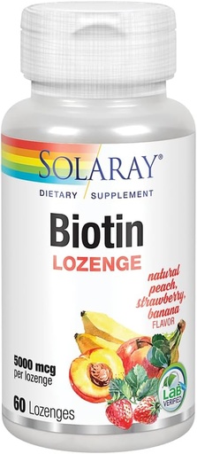 [BRSWIYT3PMDQ4C3M] SOLARAY Biotin 5000 mcg | Natural Peach, Strawberry, Banana Flavor | Healthy Hair, Skin & Nails Support | 60 Lozenges