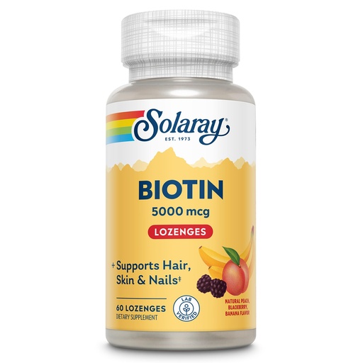 [BRSWIYT3PMDQ4C3M] SOLARAY Biotin Supplement 5000 mcg - Pure Biotin 5000mcg for Hair, Skin, and Nails, Hair Vitamin for Women & Men, Vitamin B 7, Natural Peach, Strawberry, & Banana Flavor, Slow Dissolve - 60 Lozenges