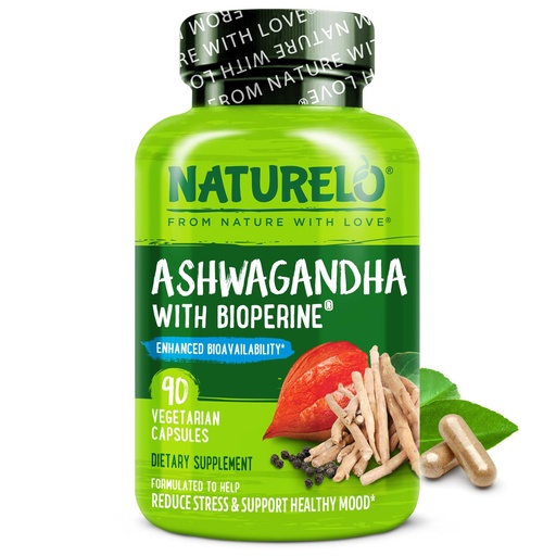 [BRSWGCAHOADQE23G] NATURELO Ashwagandha Organic Root Powder - Natural Herbs Supplement for Fatigue, Stress Relief, Mood Enhancer - with Black Pepper Extract - 90 Vegan Capsules