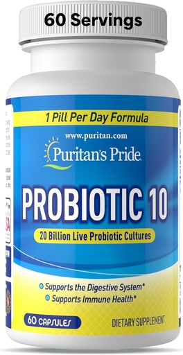 [BRSWIZQ5AYPGYA3E] Puritan's Pride Probiotic 10 avec de la vitamine D pour aider à soutenir le système immunitaire santé*, 60 comte, blanc