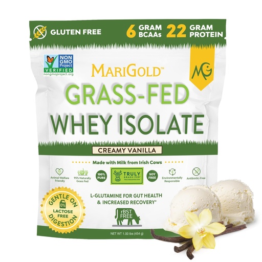 [BRSW2ZI2OQBQEADH] MariGold Grass-fed Whey Protein Isolate Powder - Creamy Vanilla Flavor - 1 Lb Bag | 100% Pure, Cold-Processed, Micro-Filtered, Undenatured, Non-GMO, rBGH Free, Soy Free, Gluten Free, Lactose Free