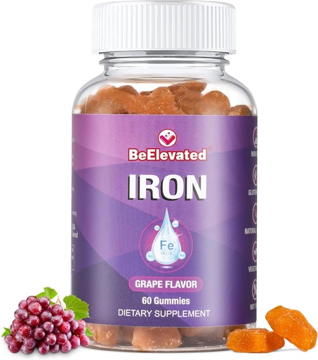 [BRSRMAYEOAFWMEQ4] Iron Gummy Vitamina - Gluten Suplementos Gratuitos para la Deficiencia de Hierro para Adultos &amp; Niños - Peanut Free Gummies Suplemento - Grape Flavor Chewable Vitaminas para Hombres Mujer - 60 Con