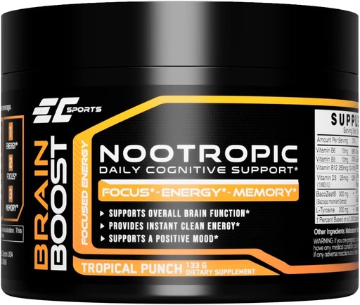 [BRSWYAT4OZ7RGFA6] EC Sports Brain Boost Tropical Punch Nootropic Supplement for Focus, Faster Processing, Instant Energy & Performance w/18 Nootropics - 30 Servers