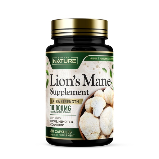 [BRSRA2T4PINAKDTD] Built by Nature Lion’s Mane – Extra Strength Mushroom Supplement for Nootropic Brain Support – Focus, Memory and Cognitive Function – Non-GMO, Gluten-Free, Vegan - 60 Capsules