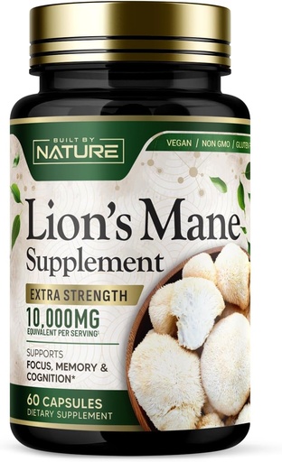 [BRSRA2T4PINAKDTD] Nature Lion's Mane 10.000mg tarafından inşa edildi - Nootropic Brain Support için Ekstra Kuvvetli Oda Tamamı - Focus, Memory and Cognitive Function – Non-GMO, Gluten-Free, Vegan - 60 Capsules