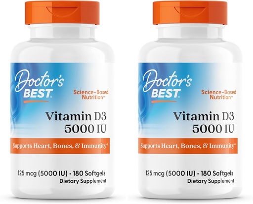 [BRSRAY35DMMQKEL3] Doctor's BEST Vitamin D3 5000IU, Non-GMO, Gluten & Soy Free, Regulates Immune Function, Supports Healthy Bones, White, No Flavour, 180 Count (Pack of 2)
