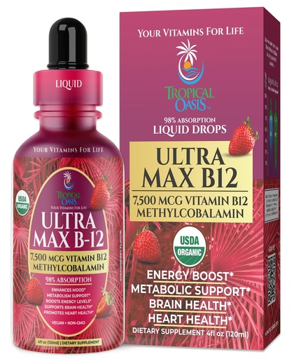 [BRSWGHAPOF5RYHQ4] USDA Organic Ultra Max B12 | Superdose 7500mcg Vitamin B12 Liquid Drops | B12 as Methylcobalamin| Max 98% Absorption Rate | Promotes Energy| Vegan, Non-GMO, Strawberry flavor -4oz