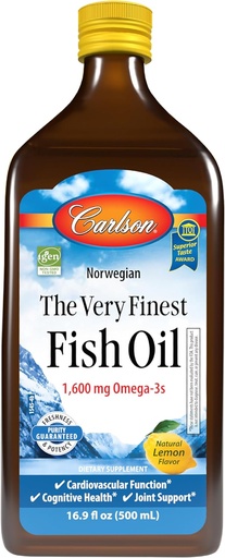 [BRSWIYYFAV5G2C3C] Carlson - The Very Finest Fish Oil, 1600 mg Omega-3s, Liquid Supplement, Norwegian, Wild-Caught, Sustainably Sourced , Lemon, 16.9 Fl Oz