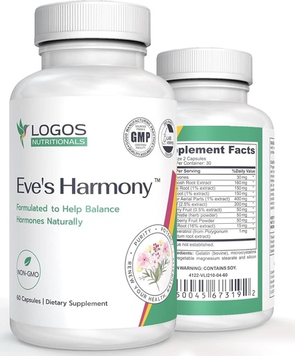 [BRSROYAYOJ6W2YLO] Suplement do menopauzy Harmony Eve, wsparcie hormonalne dla kobiet z sojowymi Isoflavones, Black Cohosh & Red Raspberry, Non-GMO Natural PMS & Menopauzalne wsparcie objawowe, 60 Kapsułki