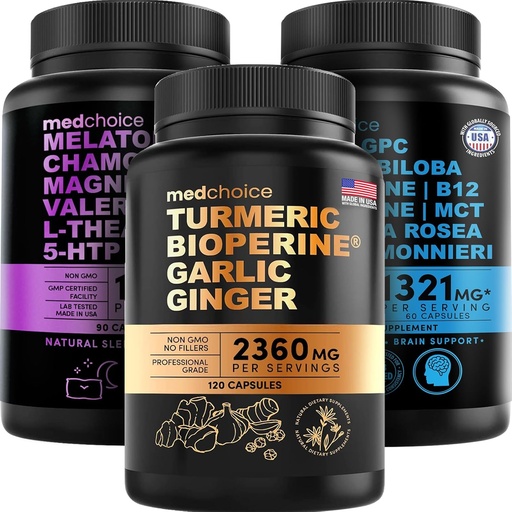 [BRSROGABBV7QK3QV] MEDCHOICE Turmeric " Ginger (120ct), Sleep Melatonin (90ct), and Nootropic Brain (60ct) Supplement Bundle - Wellness Trio for Brain, Sleep, " Immune Support - Vegan, Non-GMO, Gluten-Free