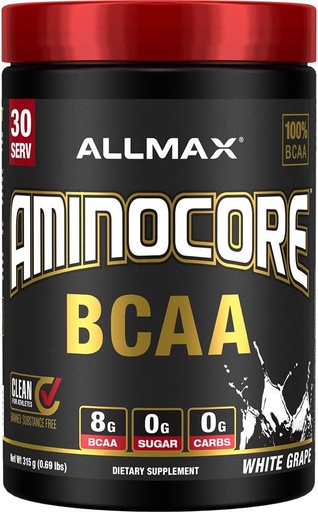 [BRSWYZQDB57BS3L5] ALLMAX Uzturs AMINOCORE BCAA pulveris, 8.18 Grams aminoskābju, Intra un Post Workout Recovery Drink, bez lipekļa, baltās vīnogas, 315 g