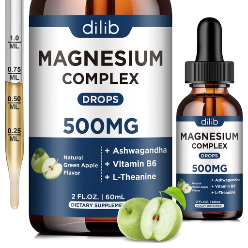 [BRSRO2Q5C4CQG2Y2] Triple Magnesium Complex Supplement-Magnesium Glycinate, Citrate, Malate Liquid Drops 500mg with Ashwagandha, L-Theanine, B6 for Calm, Stress Relief, Sleep, Muscle Support-Green Apple Flavor