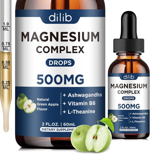 [BRSRO2Q5C4CQG2Y2] Triple Magnesium Complex Supplement-Magnesium Glycinate, Citrate, Malate Liquid Drops 500mg with Ashwagandha, L-Theanine, B6 for Calm, Stress Relief, Sleep, Muscle Support-Green Apple Flavor