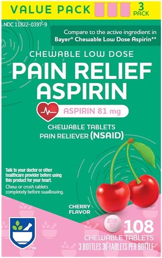 [BRSWI23YBYGB2ETK] Rite Aid Adult Low Dose Aspirin 81 mg, Chewable Tablets Pain Reliever, Cherry Flavor, 3 Bottles, 36 Count Each (108 Count Total) | Chewable Aspirin Regimen | Headache Relief | Aspirin 81mg for Adults