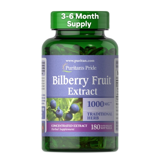 [BRSWIZQ3OVYRSH36] Puritan's Pride Premium Bilberry Fruit Extract 250 mg, 4:1 Concentrated Herbal Supplement, Vitamin C, 3 to 6 Month Supply, 180 Rapid Release Softgels(Packaging May Vary)