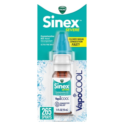 [BRSWYFT6BN6WMHTK] Vicks Sinex SEVERE Nasal Spray with VapoCOOL, Soothing Vicks Vapors, Decongestant Medicine, Relief from Stuffy Nose due to Cold or Allergy, & Nasal Congestion, Sinus Pressure Relief, 265 Sprays