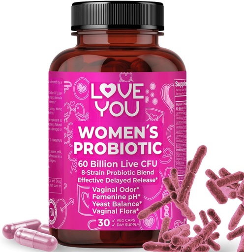 [BRSRAGIQOYPR6CL5] Love You Womens Probiotic, Ph Balance, Ut, Feminine, Vaginal Health Supplement, Digestive, Pre + Pro + Postbiotic, Delayed Release, 60 Billion Live CFU, 8-Strain Probiotic Blend, 30 Veg Caps Servings