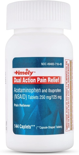 [BRSROZQNCEPQO2QU] Timely Dual Action Acetaminophen 250 mg and Ibuprofen 125 mg - Generikus fájdalom enyhítő, Láz redukáló, Fejfájás Relief, Menstruációs fájdalom, Fogászatok, Izom Ache, Arthritis Pain Relief - 144