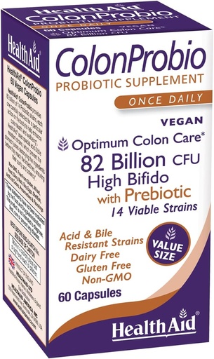 [BRSW2HQ3A55RM3DJ] HealthAid ColonProbio 82 Billion with Prebiotic, 14 Strains, Once Daily, 60ct, Optimum Colon Care, Acid &amp; Bile Resistant, Dairy Free, Gluten Free, Non-GMO, High Bifido