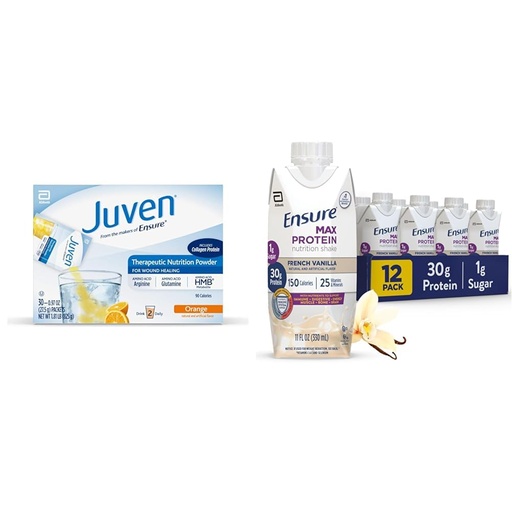 [BRSRAZYRBV4BMFD4] Juven Therapeutic Nutrition Drink Mix Powder for Wound Healing, 30 Count + Ensure Max Protein Nutrition Shake, French Vanilla, 12 Pack