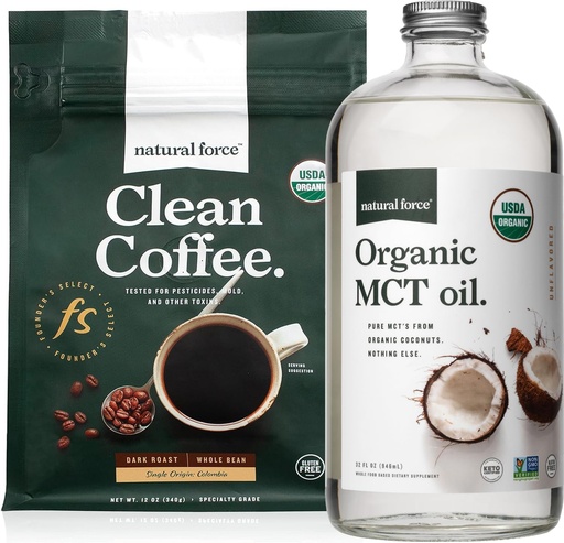 [BRSWYHT2DEPWAG3J] Natural Force Organic Dark Roast Clean Coffee + Organic MCT Oil Bundle – 100% Pure Coconut MCTs & Mold & Mycotoxin Free Coffee – Non-GMO, Keto, Paleo, and Vegan - 12 Oz and 32 Oz