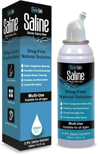 [BRSRAYYBO5YRMD3A] Saline Spray for Nose - Nasal Spray Saline Solution for Newborn, Baby & Adults, Salt Water Deconongestant Mist for Stuffy Nose, Travel Friendly, Natural, 0.9% Saline - 100 ml (3.4 oz)