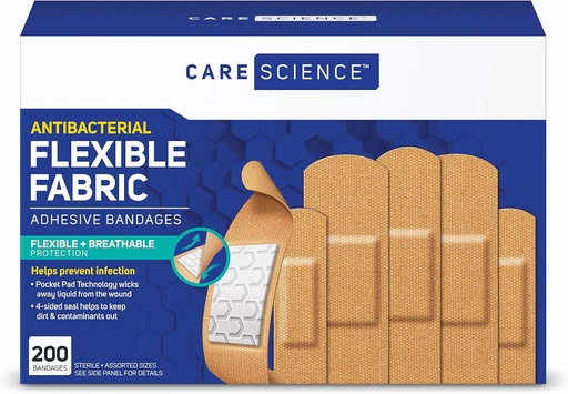 [BRSWGHQOOZ6BGA3A] Care Science Fabric Adhesive Bandages, 200 ct Bulk Assorted Sizes | Flexible + Breathable Protection for First Aid and Wound Care