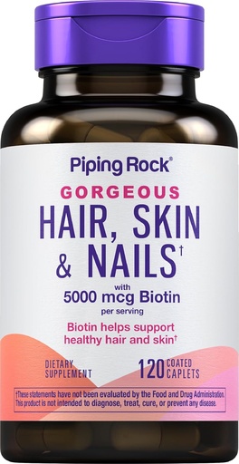 [BRSWIFDQAV4GKDQ7] Piping Rock Hair Skin and Nails Vitamins - 120 Caplet Pills с Collagen - 5000 mcg Biotin - без GMO, без глутен