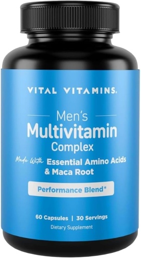 [BRSRAFT7CQPGODLA] Vital Vitamins Men's Multivitamin Complex - Made with Essential Amino Acids & Maca Root - with Vitamin A, C, E, B6, B12, D3 & Male Performance Blend - Daily Mens Multivitamin - 60 Capsule