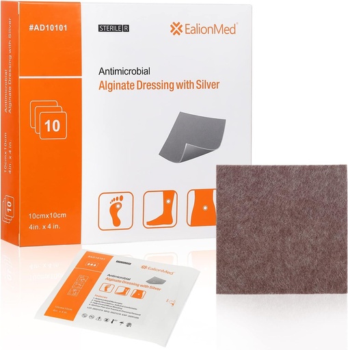 [BRSRMGA7OQFB6F3V] Silver Calcium Alginate Wound Dressing Pad 4''x4'', 10 Packs, High Absorbency Non-Stick Ag Gauze Patch for Pressure Ulcer,Bed Sore,Leg Sore,Diabetic Foot Ulcer