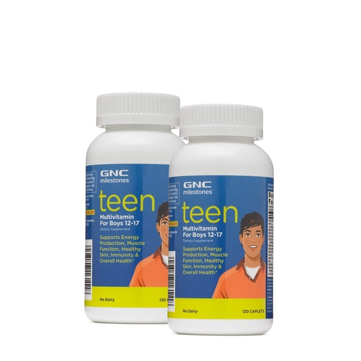 [BRSWGHQLDEBR6DTA] GNC Milestones Teen Multivitamin for Boys 12-17, Twin Pack, 120 Caplets per Bottle, Supports Energy Production and Muscle Function
