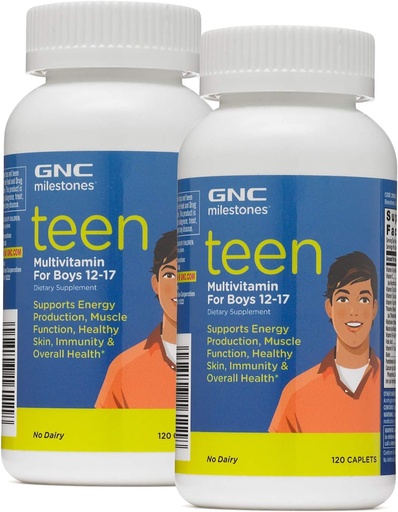 [BRSWGHQLDEBR6DTA] GNC Milestones Teen Multivitamin for Boys 12-17, Twin Pack, 120 Caplets per Bottle, Supports Energy Production and Muscle Function