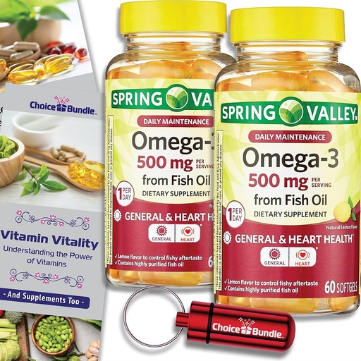 [BRSRAYL7AQMG23DL] Choice Bundle Spring Valley Fish Oil Omega 3 Fatty Acid Supplement Lemon Softgels 500 mg 60 Ct 2 pk (120 Total) + Vitamin Guide and Pill Container (4 Items)!
