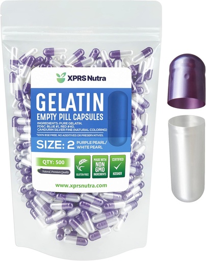 [BRSWYA37BMCBYFI3] XPRS Nutra Size 2 Empty Capsules - 500 Count Empty Gelatin Capsules - Pills DIY Capsule Filling - Pure Bovine Pill Gel Caps for Do-It-Yourself Supplements (Pearl Purple/White)