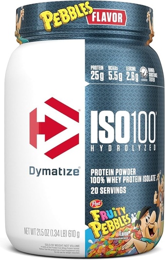 [BRSW22YBDEHGYYD5] Dymatize x Fruty Pebbles ISO100 Whey Protein Powder Isolate, 25g Protein, 5.5g BCAAs, 120 Cal., Gluten Free, 1g Fat, 1g Захар, 2g Carb (20 Сервиз)
