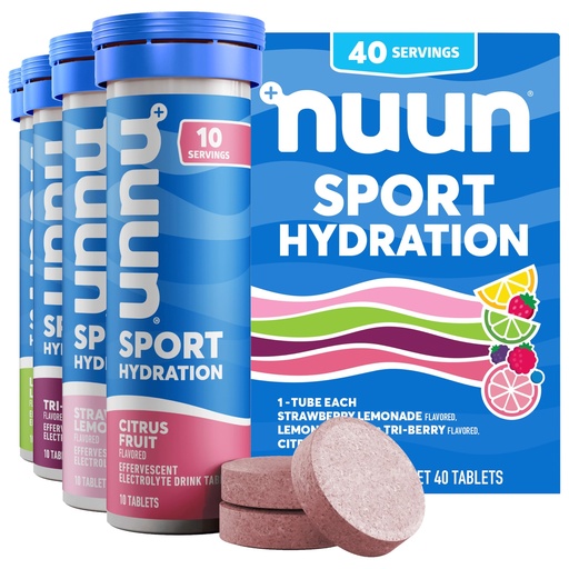 [BRSROCYDBABBQA3P] Nuun Sport Electrolyte Tablets with Magnesium, Calcium, Potassium, Chloride & Sodium, Gluten Free & Vegan, Mixed Flavor, 4 Pack (40 Servings Total)