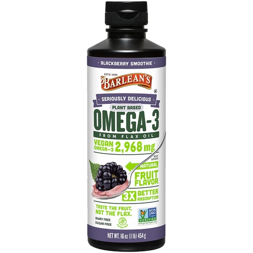 [BRSWIZT6OUFWYDAZ] Barlean's Vegan Omega 3 6 9 Flaxseed Oil Liquid Supplement, BlackBerry Smoothie, Flax Seed Oil, 2,968 mg ALA Fatty Acid, Non-GMO and Gluten Free, 16 oz