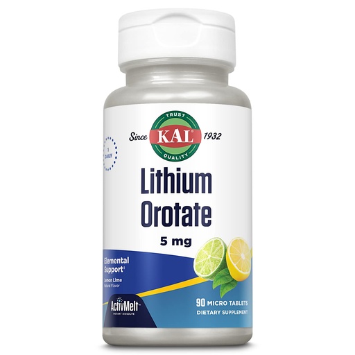 [BRSWKGQ5BYCWM3T4] KAL Lithium Orotate ActivMelt 5mg, Chelated Lithium for Optimal Absorption and Bioavailability, Healthy Mood Support, Natural Lemon Lime Flavor, Instant Dissolve Tablets, 90 Servings, 90 Micro Tablets