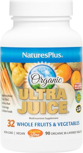 [BRSWIYQTBZ7BQFTK] Nature Plus Ultra Juice Multivitamin - 90 Tabletki wegetariańskie, Bilayed - Cały suplement żywnościowy - całe owoce i warzywa, przeciwutleniacz - Non-GMO, Wegan, Organic, Gluten- Free - 45 Sługi