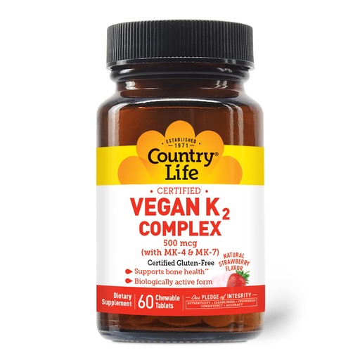 [BRSRA2QKCABWCDTU] Country Life® Vegan K2-500 mcg, 60 Ct. Chewable Tablets. Strawberry Flavor - Certified Gluten Free - Certified Vegan by AVA – to Support Bone Health