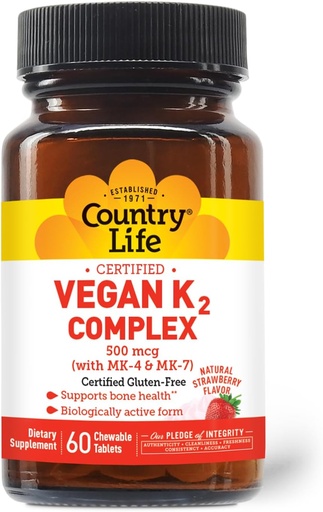 [BRSRA2QKCABWCDTU] Country Life® Vegan K2-500 mcg, 60 Ct. Comprimés à croquer. Saveur de fraise - Sans gluten certifié - Vegan certifié par AVA – pour soutenir la santé des os