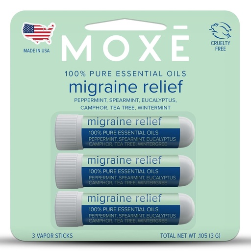 [BRSRMZIYCR6GEDTP] MOXE Migraine Relief Nasal Inhalers, Essential Oils for Headaches " Tension Relief, Portable Aromatherapy, Easy-to-Use, Pure " Undiluted, Peppermint, Spearmint, Eucalyptus, Tea Tree, USA Made, 3 Pack