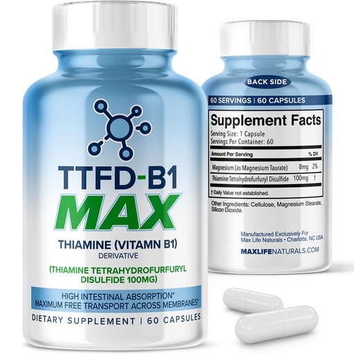 [BRSROFIBA4NREYDK] MaxLife Naturals TTFD Thiamine B1 Supplement – 60 Capsules, High Potency Vitamin B1 Thiamine Supplement for Focus, Supports Optimal Nerve Function, TTFD-B1 Max Formula with Magnesium, Made in USA